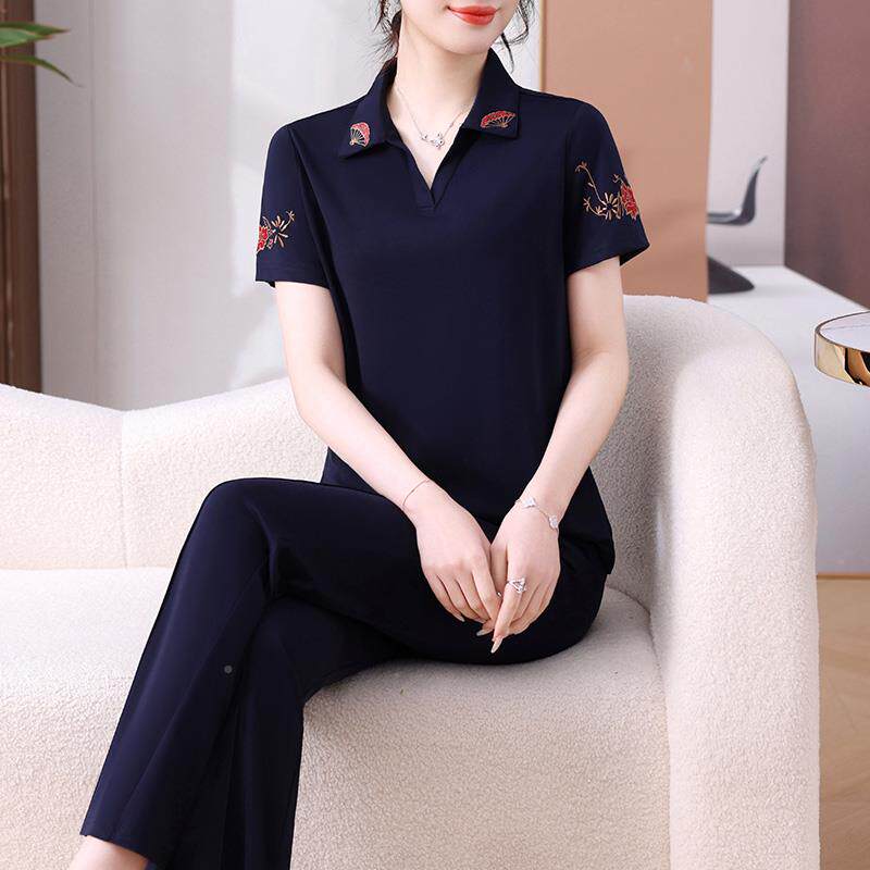 老服奶奶中老年女人夏人季装中年妈妈夏装衣短袖套装89904两件套