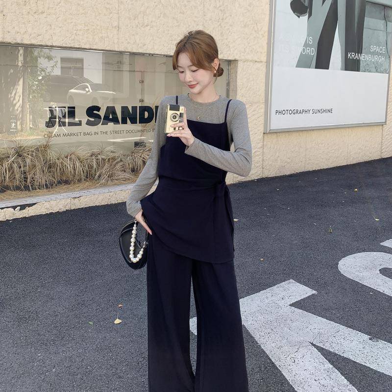 韩系设感收腰吊带阔装腿三裤B093-255打底衫套计件套女2025早春秋