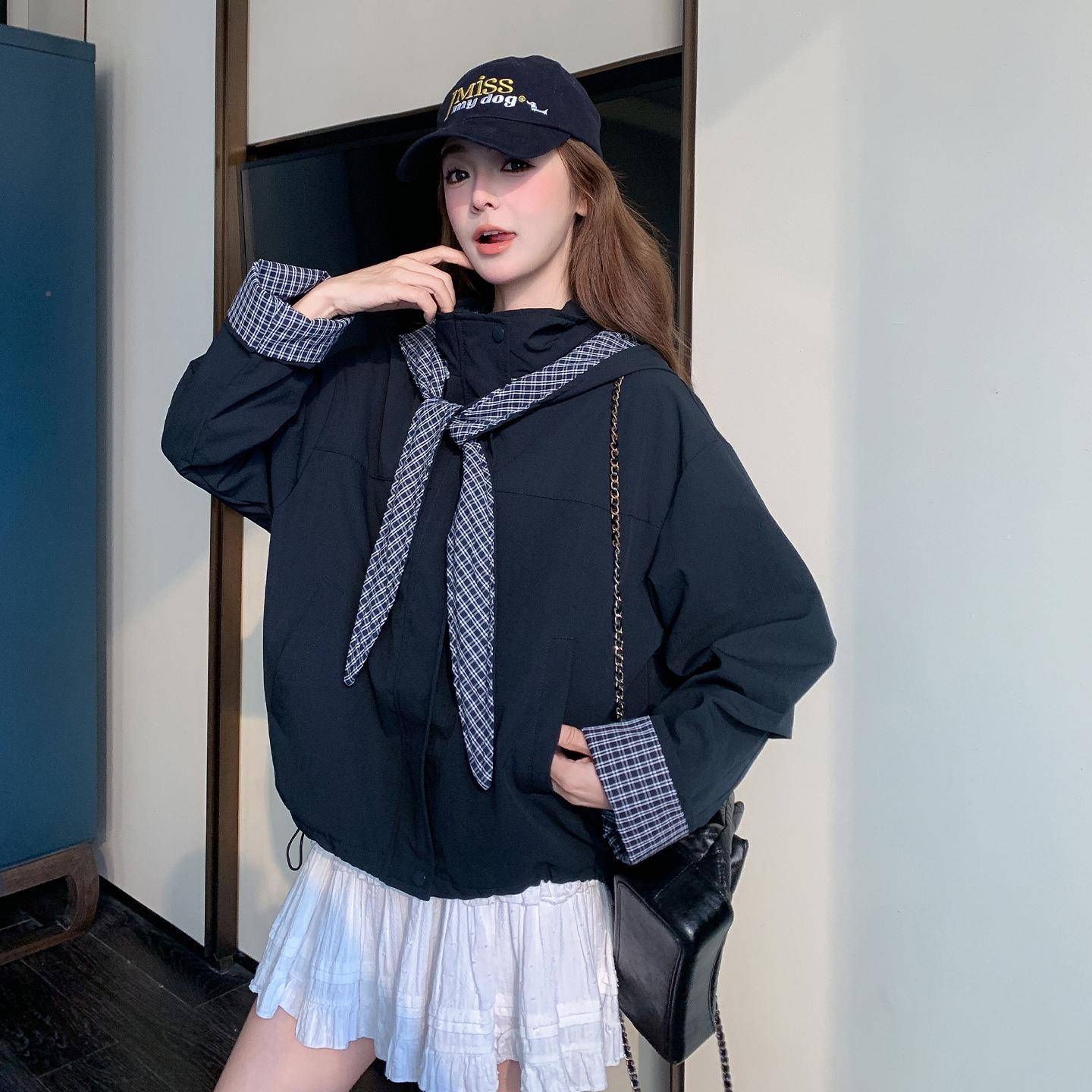 甜藏青色美学院风龄百减搭外套女2025秋C268-A56季格纹卸拼接可拆