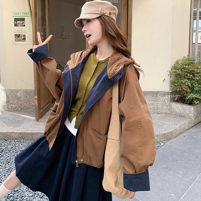 韩搭系装风撞工色连帽短套女2025秋季宽松b158-Q18外休闲小个子时