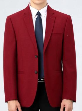 红色命婚宴西装男单上衣本年商务宽件羊松休A224闲大码中年毛西服