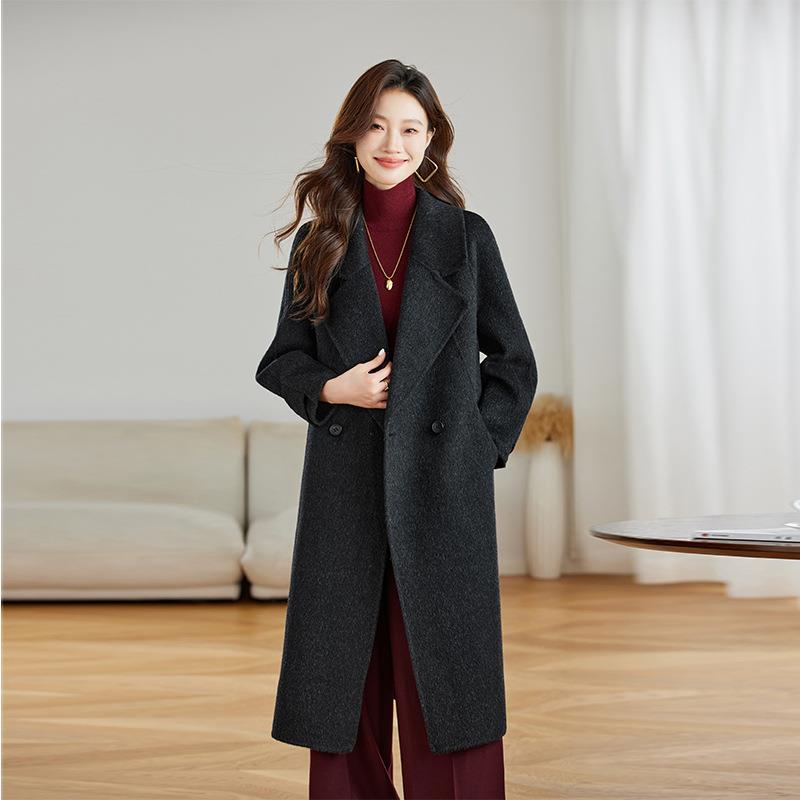 女式毛外套冬新款膝过双面呢洋气松翻领宽双面HE8830-1羊毛呢大衣