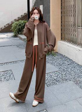 棕色复古慵懒风休阔闲运动套装宽女2C277-580025秋季韩系松衣腿裤