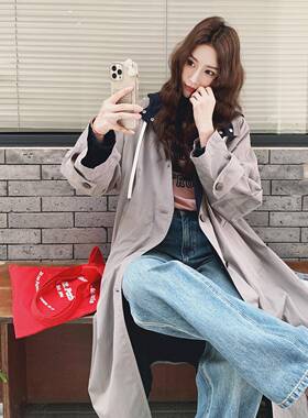 灰色系连帽休闲风衣外套女秋季0韩25年2新款宽松衣百C077-293搭中