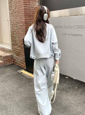 浅蓝色复古又酷又休闲套装女2025秋季小个飒子外短阔腿套裤两C161