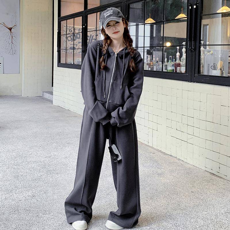 灰色显瘦休闲衣运动套c182-T85装女秋2025新款学春院风连帽卫腿阔