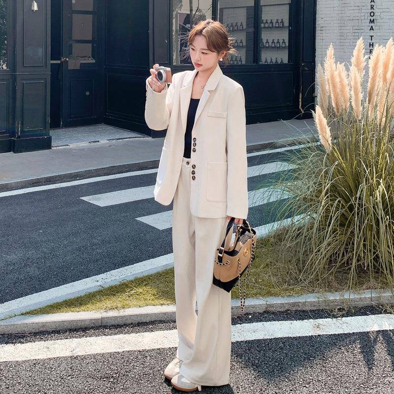 米白C305-552色韩系级感气西服套高装女225秋新款时尚休闲阔腿0裤