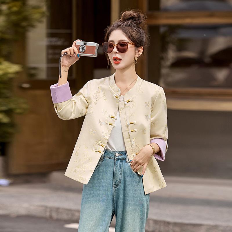 2025秋LX2535-0新款女装新中式季国风一字X盘扣花立领洒金提外套L