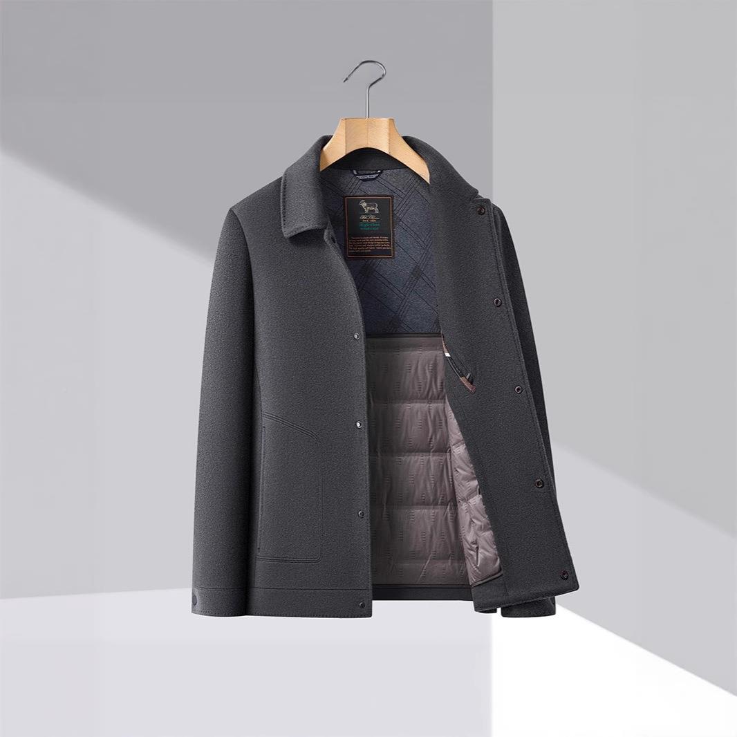 羊毛脱夹男可卸羽绒内胆百毛呢大衣克翻领上衣白鸭A2506-KL绒外套