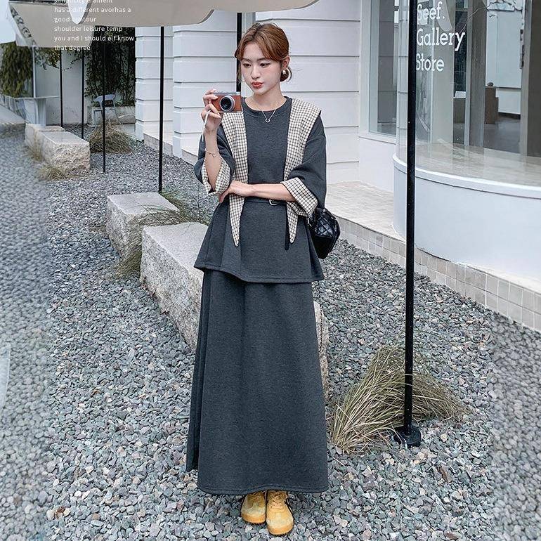 灰色韩系格纹拼接卫套装C090-891裙衣女205秋款学院风气新质半2身