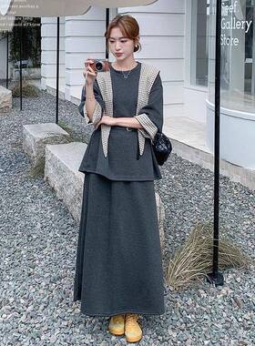 灰色韩系格纹拼接卫套装C090-891裙衣女205秋款学院风气新质半2身