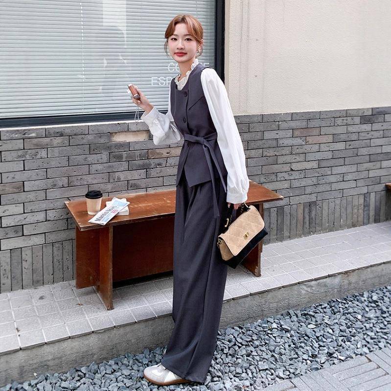 灰气质高级感套B275-T70装女2025新木耳边衬衫系秋带色马甲款阔腿