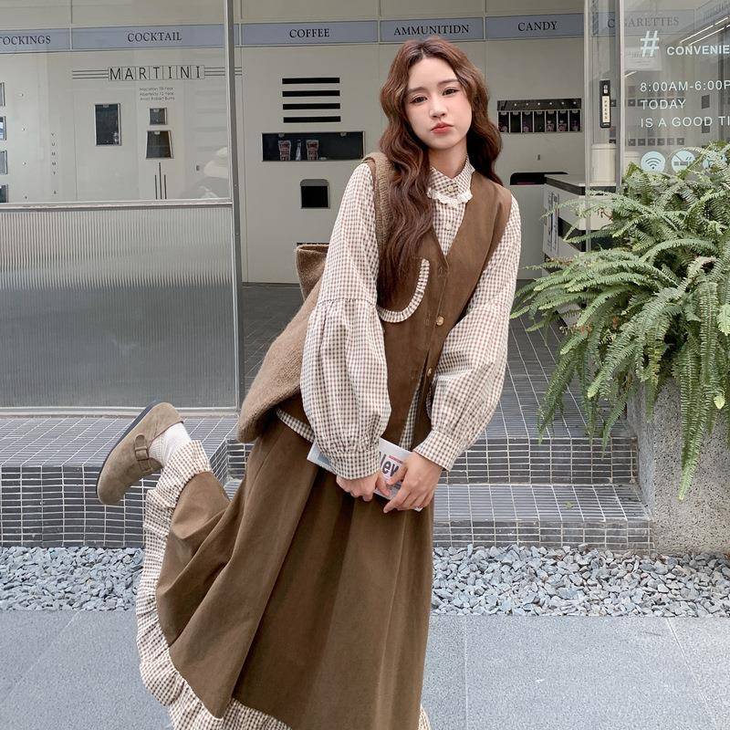 格纹立领衬衫咖色甲纹拼接身裙三件套马格女秋时尚气质减C062-251