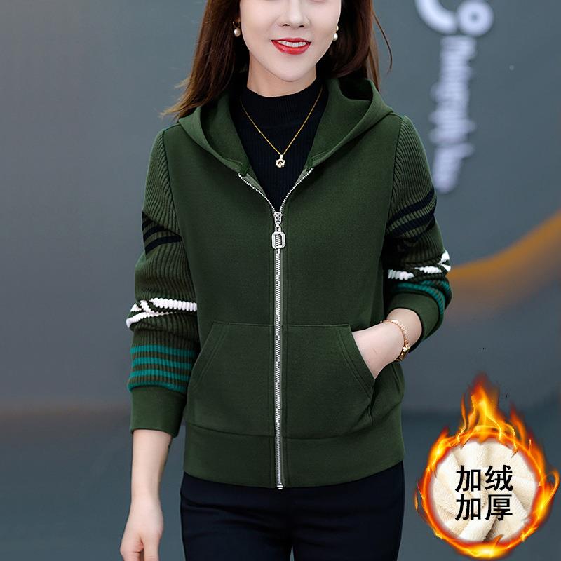 女外套秋款2023妈新款加绒加厚休卫闲84331413运动开衫连帽衣妈洋