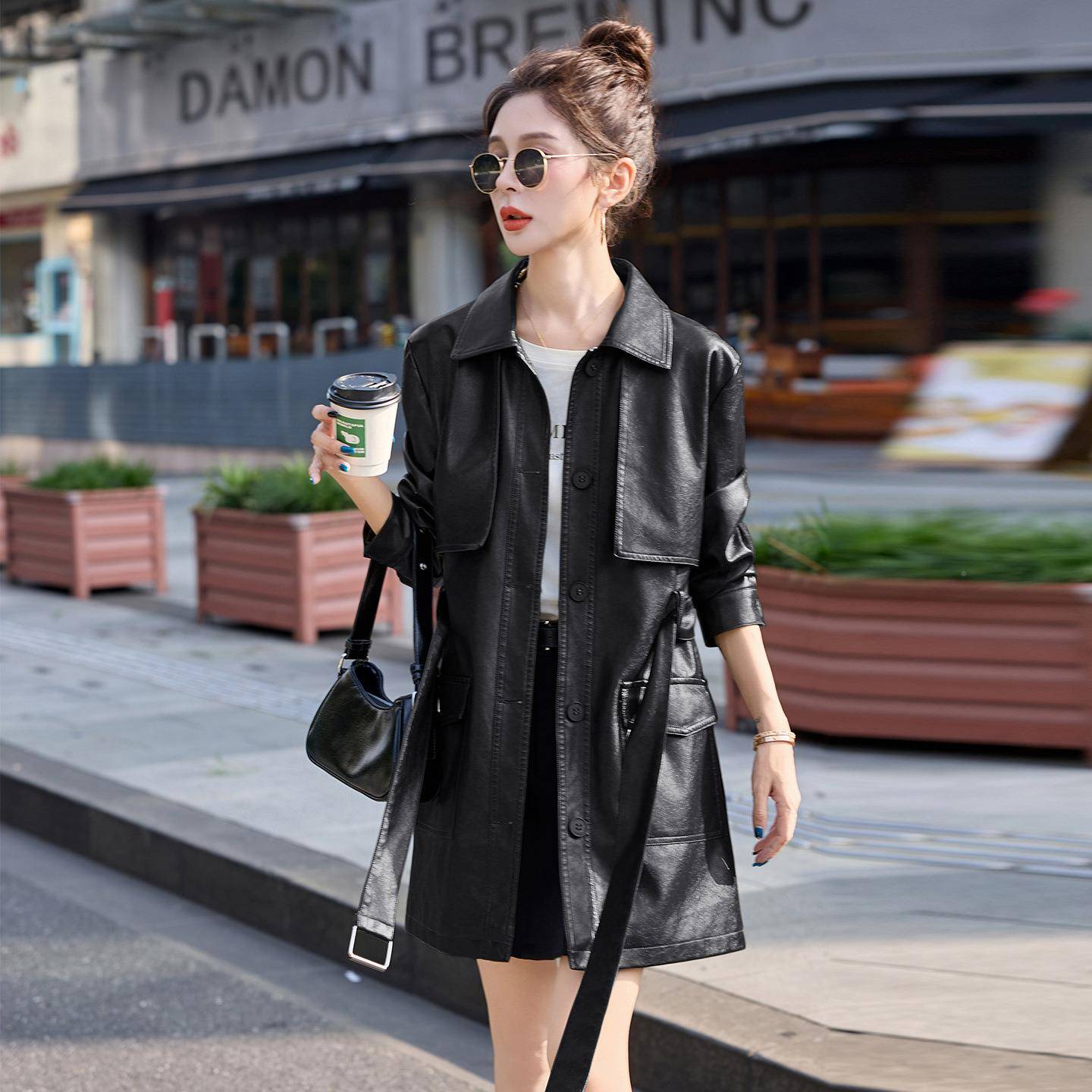 女式风衣20825秋冬款女装时尚气质PU皮长新款休闲套配腰带Y外YB35
