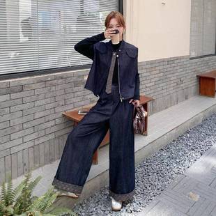 秋新时复古印花港尚风 两套女2025年款 C075 829件深蓝色马甲阔腿裤