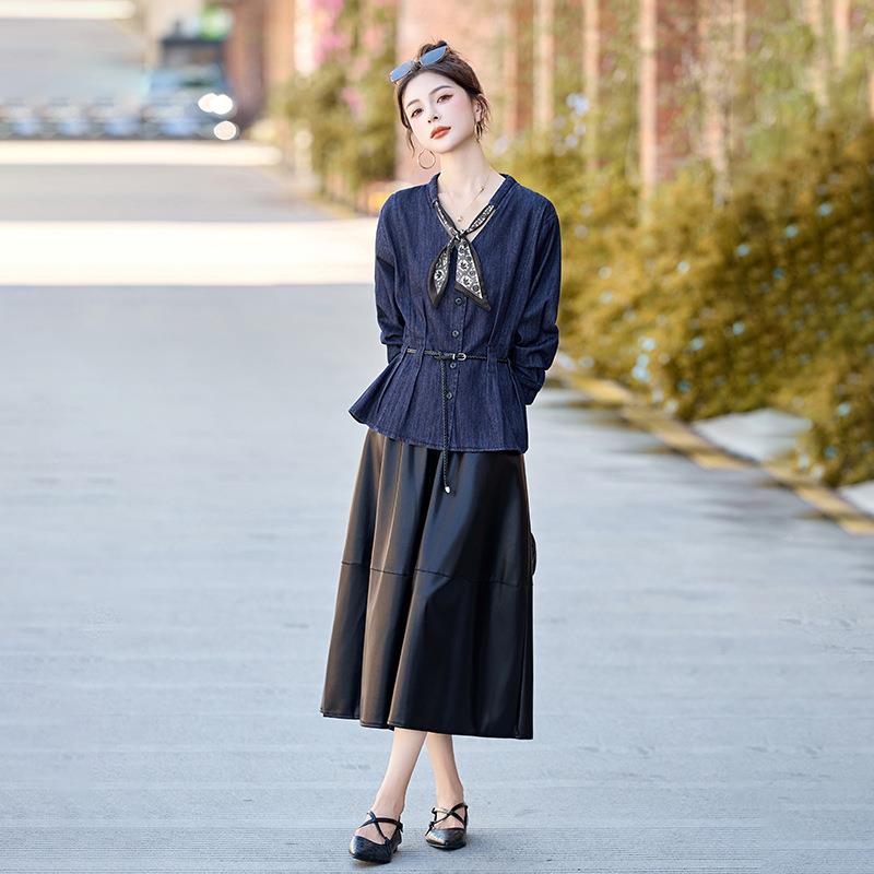 时尚套款装2半0525秋季新系带领结牛仔长袖外套裙两件套裙HE5105-