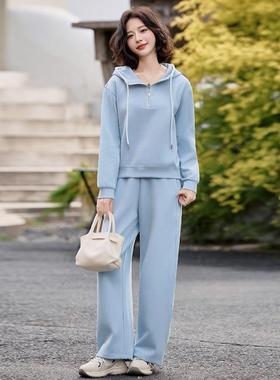 蓝色腿连帽休件运动套装女新款闲梦212春装纯色半拉链卫衣阔裤两