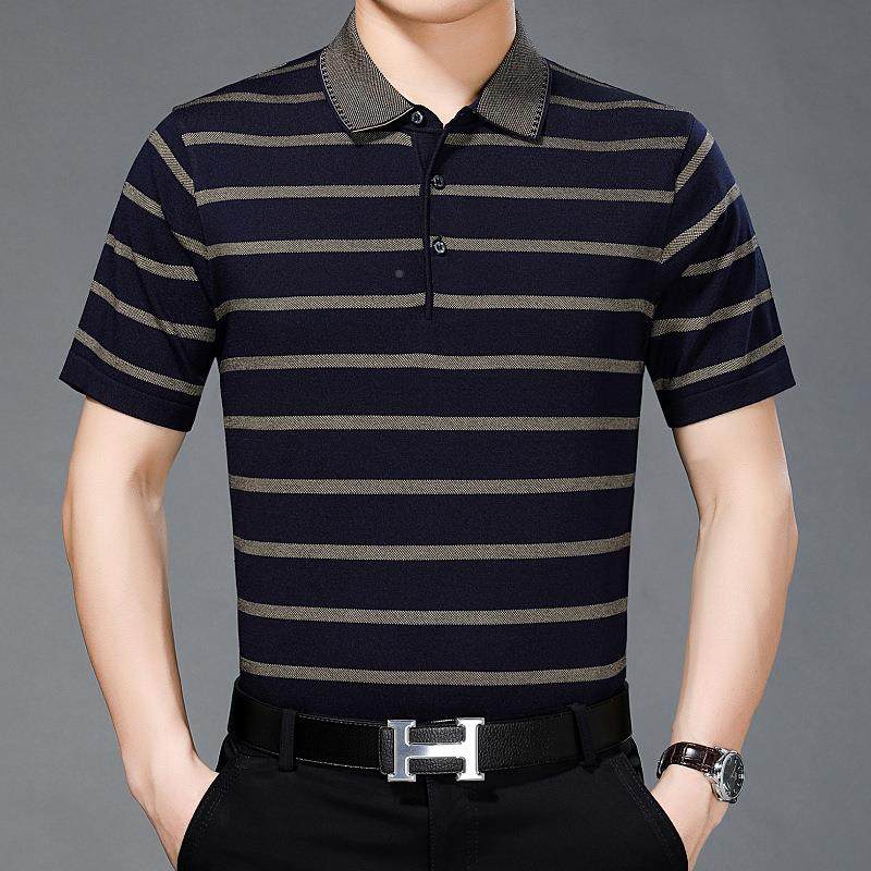 牌男品士短休袖恤闲宽松爸装时尚桑蚕丝057-II翻领条纹真丝爸恤衫