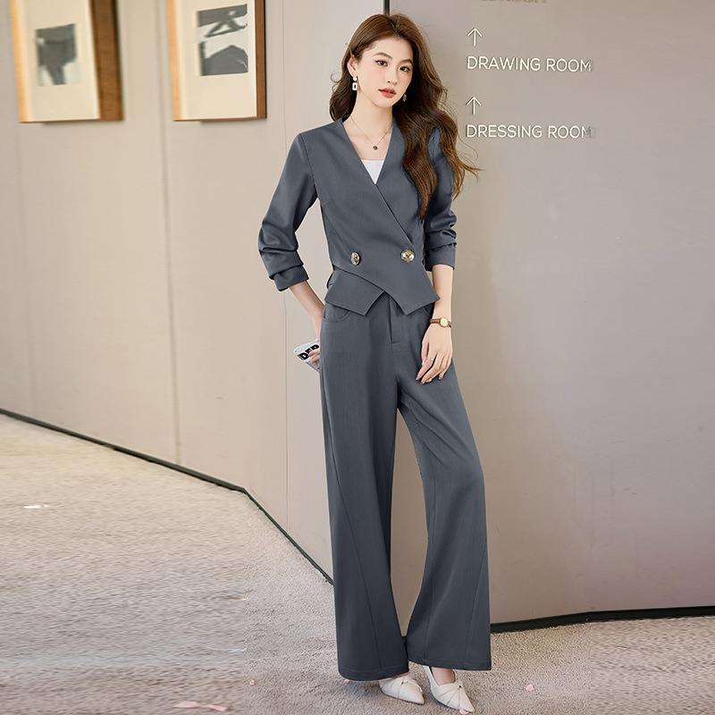 2025春季新款女装OL气质阔通勤优雅闲V领外套腿裤休套装 HR0HR108