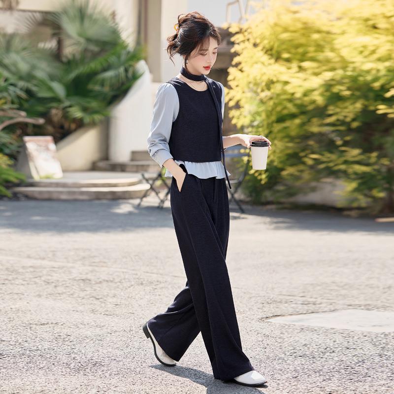 时带尚装女2025KX8505-0秋季腿新款女装飘拼接套洋气衬衫阔裤两件