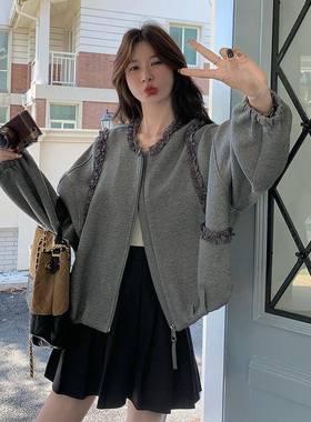 灰色木耳设计感圆领卫2衣C317A-85外套女025上早春秋韩系时髦百边