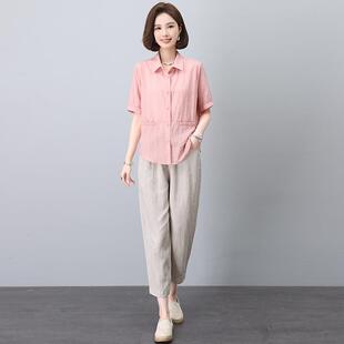 搭配一整韩26101T套洋气减龄妈棉裤 妈时尚 夏装 套装 两 女麻子年新款