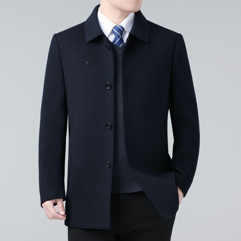 秋双面呢绒大衣男士中冬长款羊毛子外24518-YY套中老年爸爸装翻羊