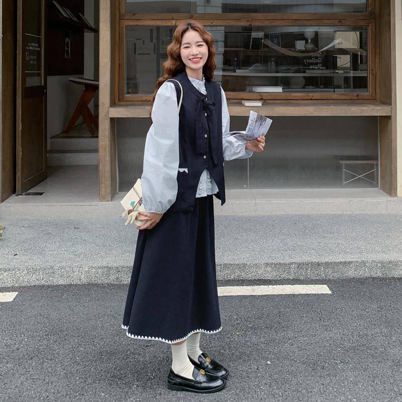 B128-259学院风衬衫马甲半身裙套三件套女2052秋季新款时尚美甜减