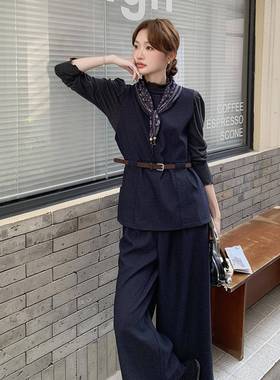 深蓝色闲韩系马休甲C159-905裤套装2025新款t女秋冬大方得体穿搭o