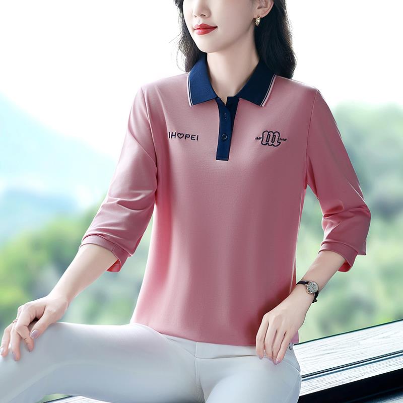 袖t恤女士春秋装2长02新款闲p61-003olo衫宽松洋气休减龄翻领上衣