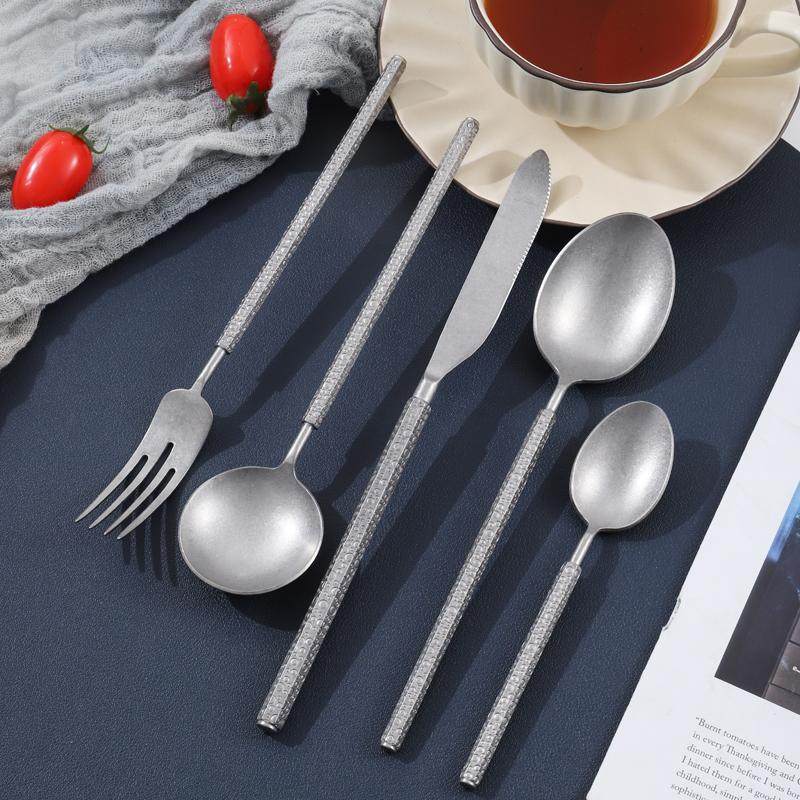 六角复古做旧气泡纹304不锈钢牛排刀叉勺四件套装甜品勺子西餐具