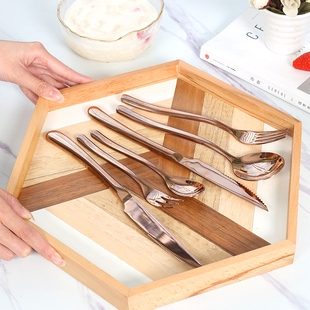 法国月光镜面玫瑰金不锈钢牛排刀叉勺四件套西餐餐具筷子汤勺套装