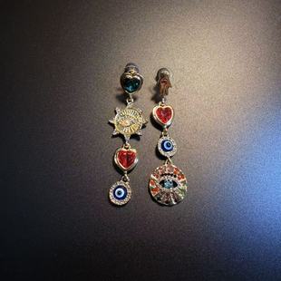 橄榄 恶魔之眼不对称耳环 Vintage古着 Eye 耳饰 Colorful 开花