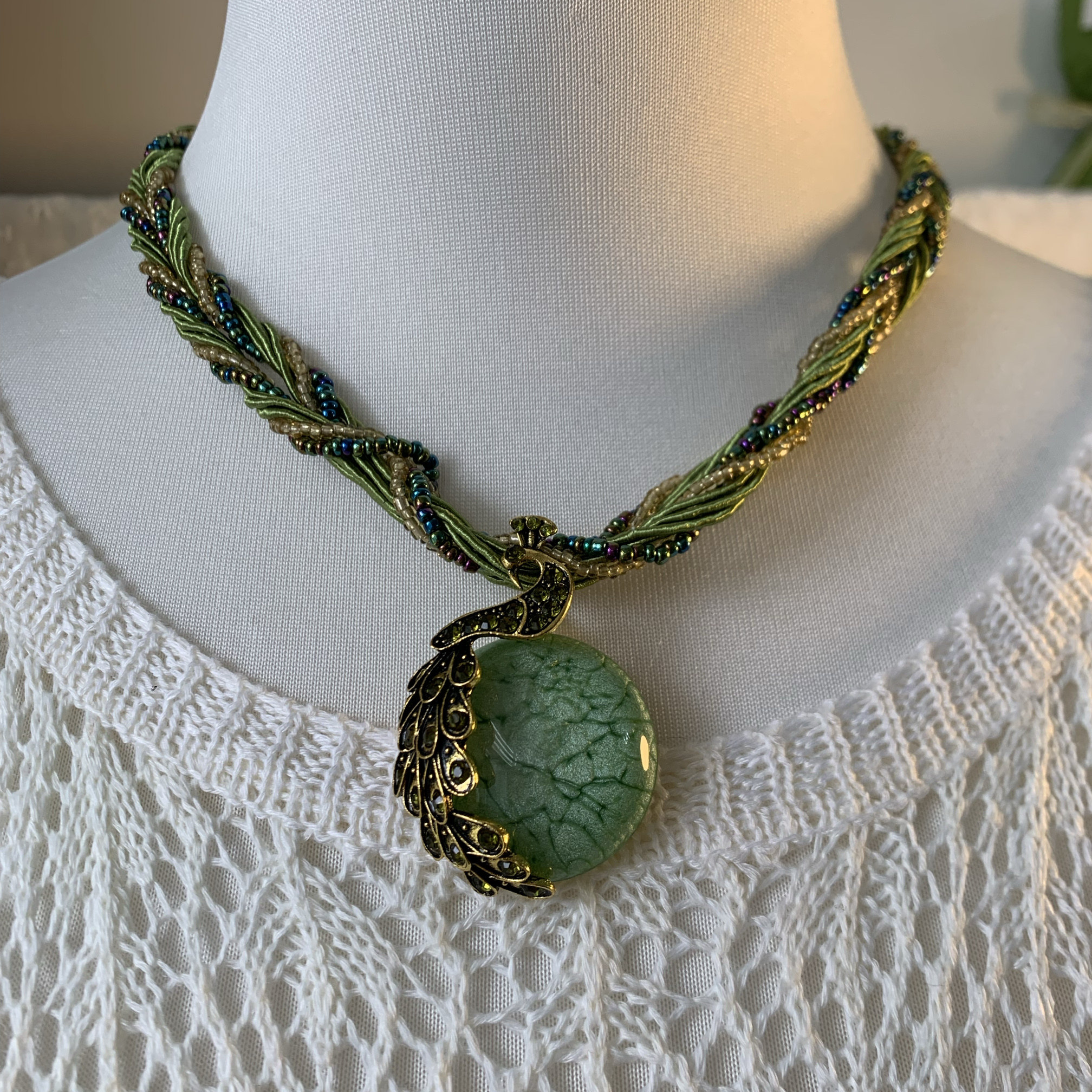 开花的橄榄 Vintage古着 Peacock gemstone绿色项链