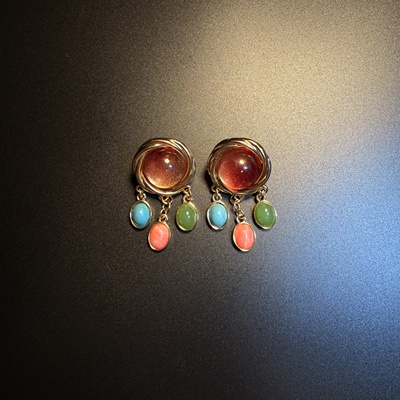 开花的橄榄 Vintage古着 Vintage Hue红色圆形流苏耳钉 耳环 耳饰