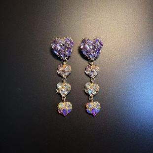 开花的橄榄 Vintage古着 Sparkling Heart紫色爱心长款耳环 耳饰