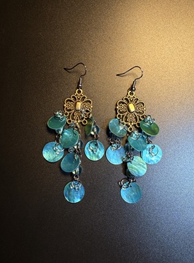 开花的橄榄 Vintage古着 Teal Drop蓝色长款贝壳流苏耳环 耳饰