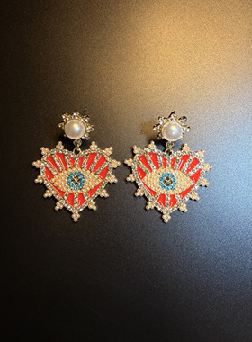 开花的橄榄Vintage古着Ruby Pulsar红色爱心恶魔之眼耳钉耳环耳饰