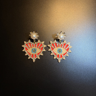 开花的橄榄Vintage古着Ruby Pulsar红色爱心恶魔之眼耳钉耳环耳饰