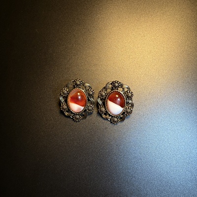 开花的橄榄 Vintage古着 Antique Stone红色几何圆形耳钉耳环耳饰