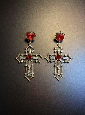 开花的橄榄 Vintage古着 Crystal Devotion红色十字架耳环 耳饰