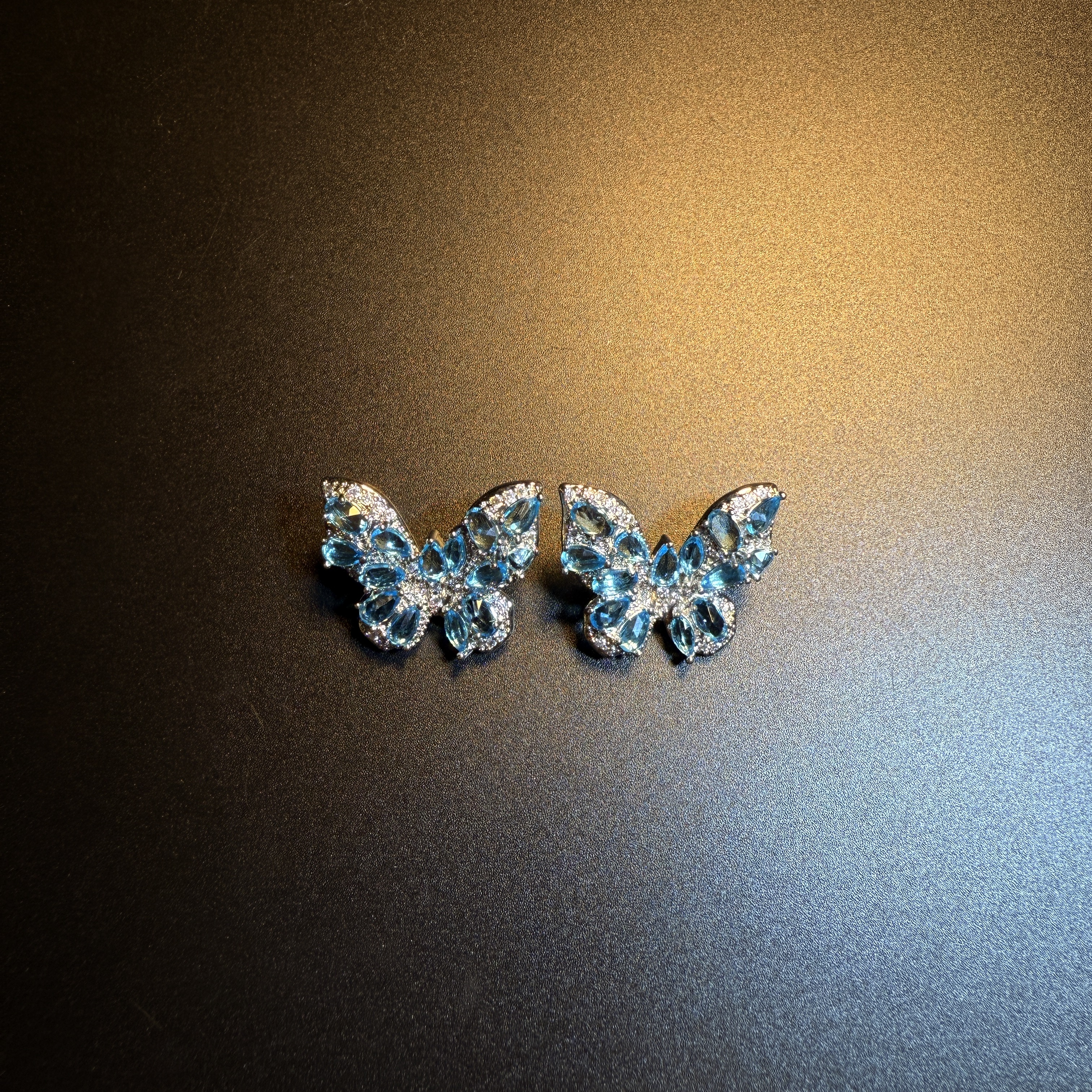 开花的橄榄 Vintage古着 Blue Moth蓝色蝴蝶锆石耳钉 耳环 耳饰