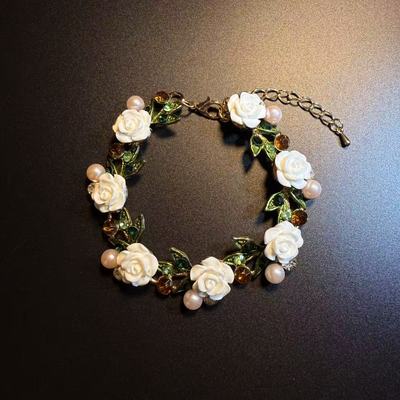 开花的橄榄 Vintage古着 Floral Pearls白色山茶花手链