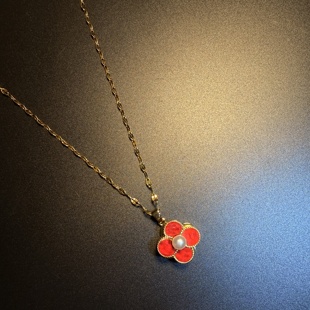 开花的橄榄 Vintage古着 Coral Drop红色可旋转四叶草项链 锁骨链