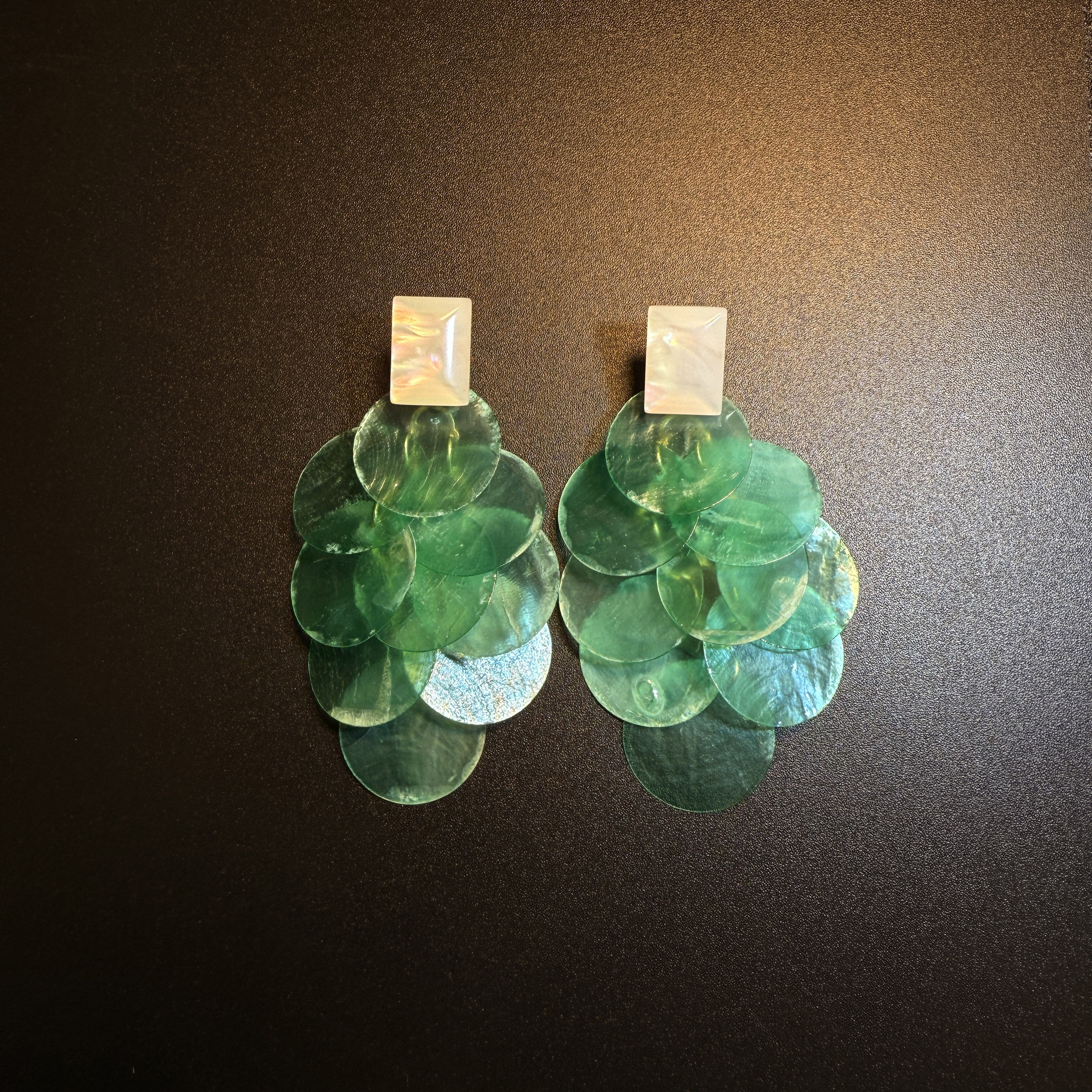 开花的橄榄Vintage 古着 Mint Petal薄荷绿贝母圆片层叠耳环 耳饰
