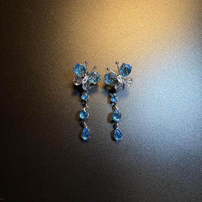 开花的橄榄 Vintage古着 Frosted Flutter蓝色蝴蝶流苏耳环 耳饰