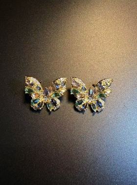 开花的橄榄 Vintage古着 Crystal Wings绿色蝴蝶耳钉 耳环 耳饰