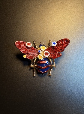 开花的橄榄 Vintage古着 Art Buzz红色蜜蜂花朵胸针