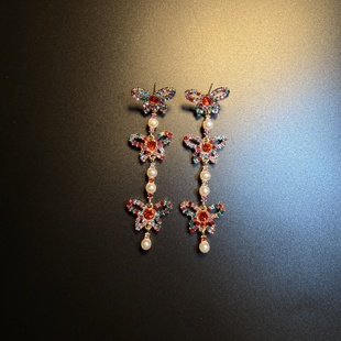 橄榄 流苏蝴蝶耳环 Vintage古着 Petals红色长款 耳饰 Gem 开花